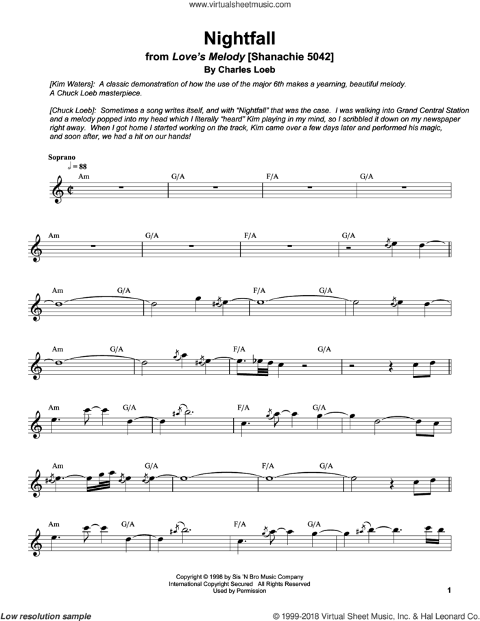 Nightfall sheet music for soprano saxophone solo (transcription) by Kim Waters and Charles Loeb, intermediate soprano saxophone (transcription)