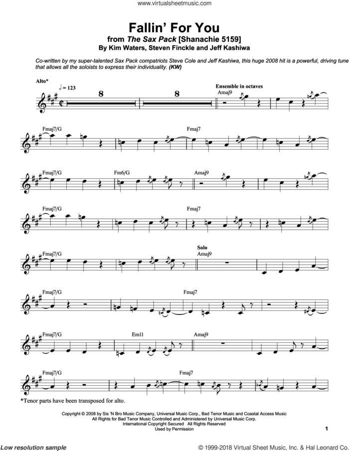 Fallin' For You sheet music for alto saxophone (transcription) by Kim Waters, Jeff Kashiwa and Steven Finckle, intermediate skill level