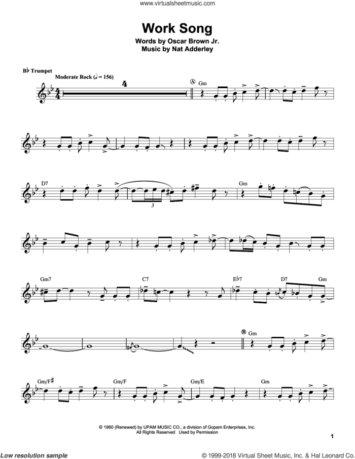 Work Song sheet music for trumpet solo (transcription) by Herb Alpert, Nat Adderley and Oscar Brown, Jr., intermediate trumpet (transcription)