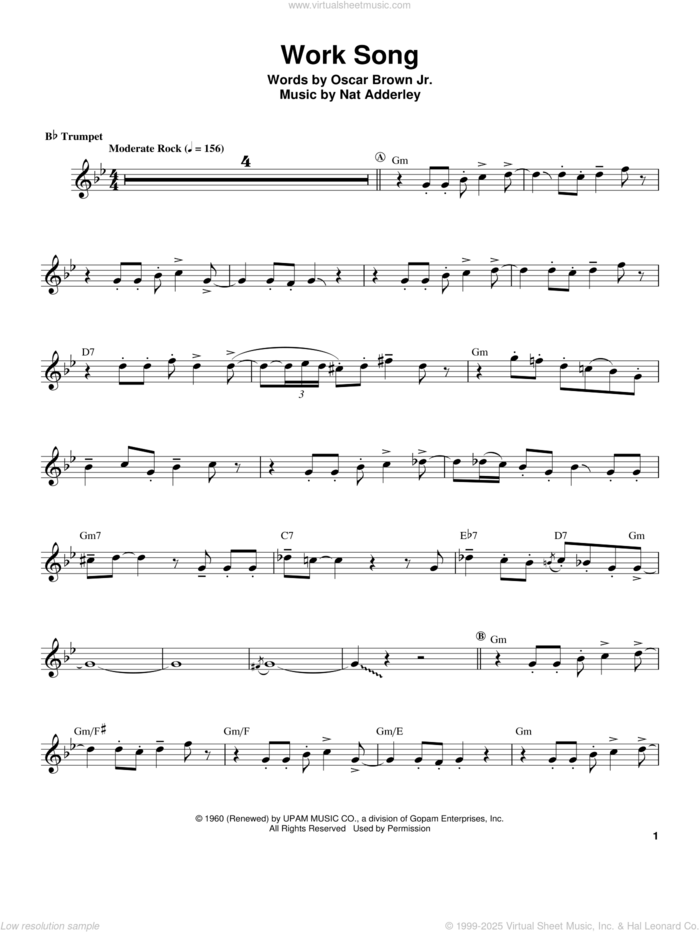 Work Song sheet music for trumpet solo (transcription) by Herb Alpert, Nat Adderley and Oscar Brown, Jr., intermediate trumpet (transcription)