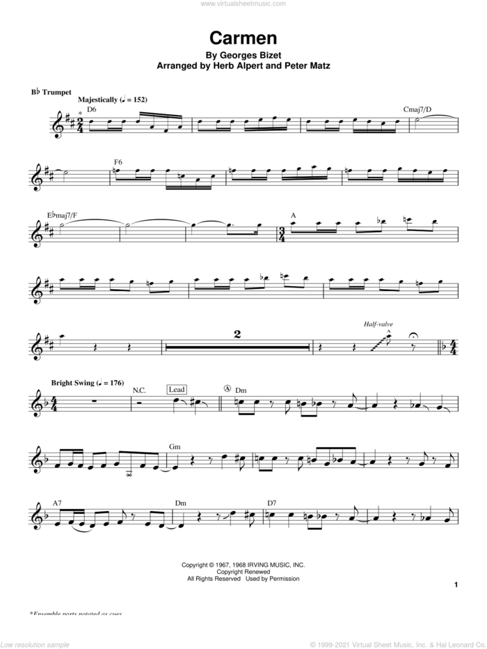 Carmen sheet music for trumpet solo (transcription) by Herb Alpert and Georges Bizet, intermediate trumpet (transcription)