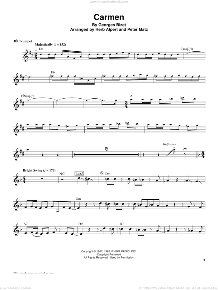 Carmen sheet music for trumpet solo (transcription) by Herb Alpert and Georges Bizet, intermediate trumpet (transcription)