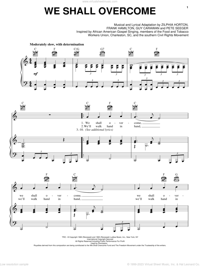 We Shall Overcome sheet music for voice, piano or guitar by Joan Baez, Frank Hamilton, Guy Carawan and Pete Seeger, intermediate skill level