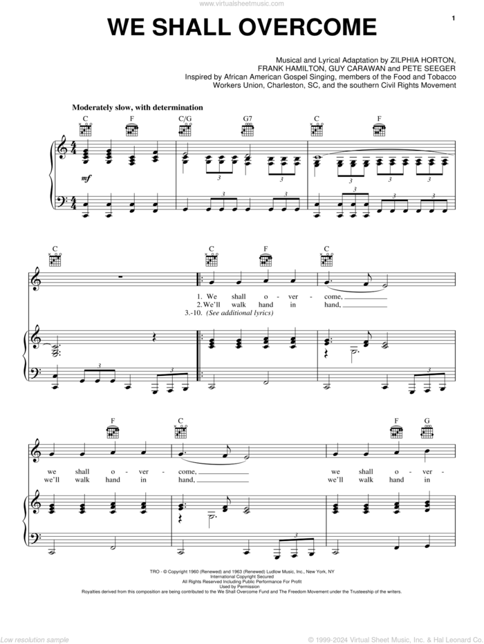 We Shall Overcome sheet music for voice, piano or guitar by Joan Baez, Frank Hamilton, Guy Carawan and Pete Seeger, intermediate skill level