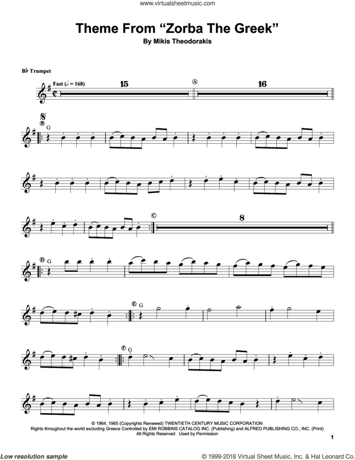 Theme From 'Zorba The Greek' sheet music for trumpet solo (transcription) by Herb Alpert and Mikis Theodorakis, intermediate trumpet (transcription)