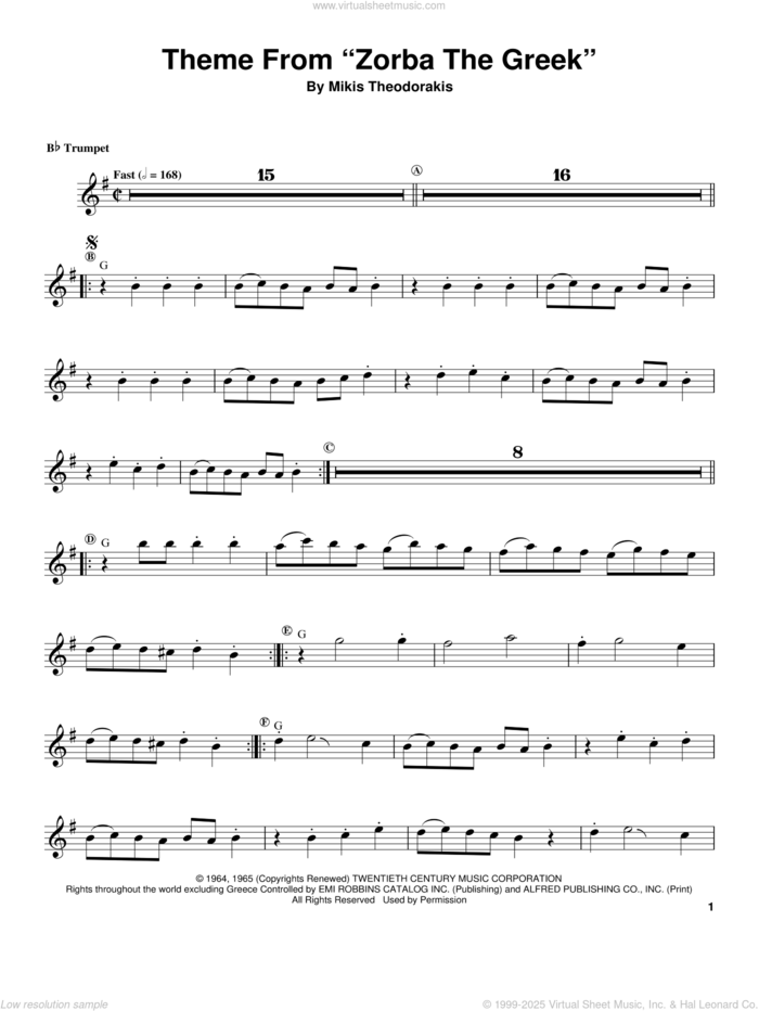 Theme From 'Zorba The Greek' sheet music for trumpet solo (transcription) by Herb Alpert and Mikis Theodorakis, intermediate trumpet (transcription)