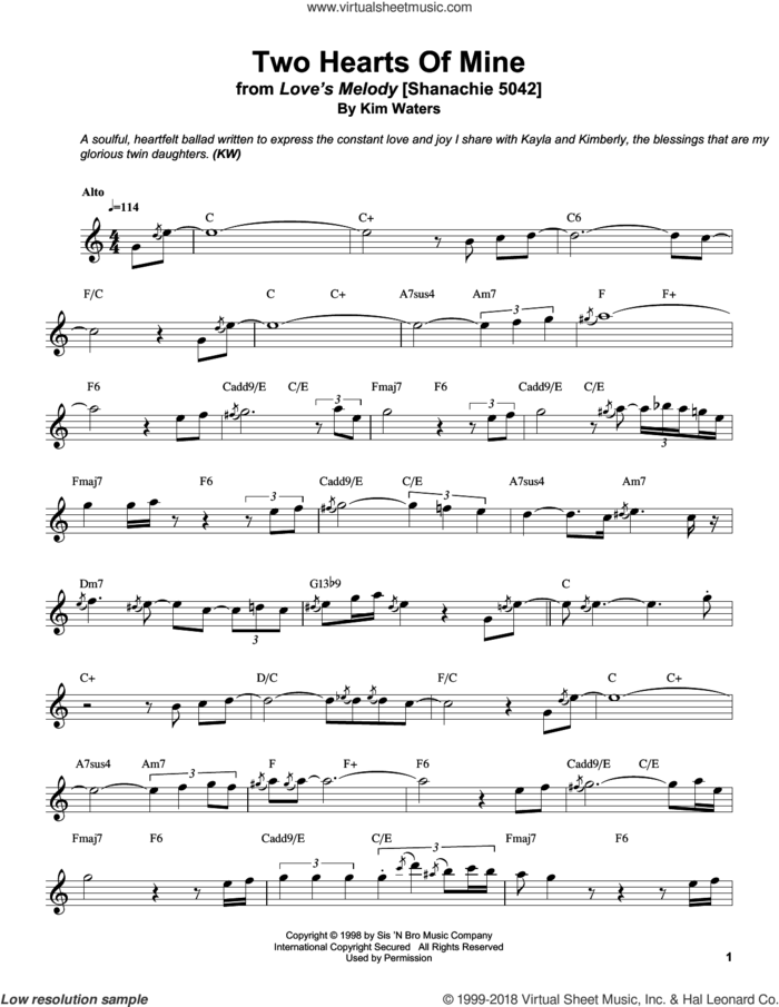 Two Hearts Of Mine sheet music for alto saxophone (transcription) by Kim Waters, intermediate skill level