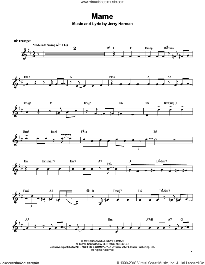 Mame sheet music for trumpet solo (transcription) by Herb Alpert and Jerry Herman, intermediate trumpet (transcription)