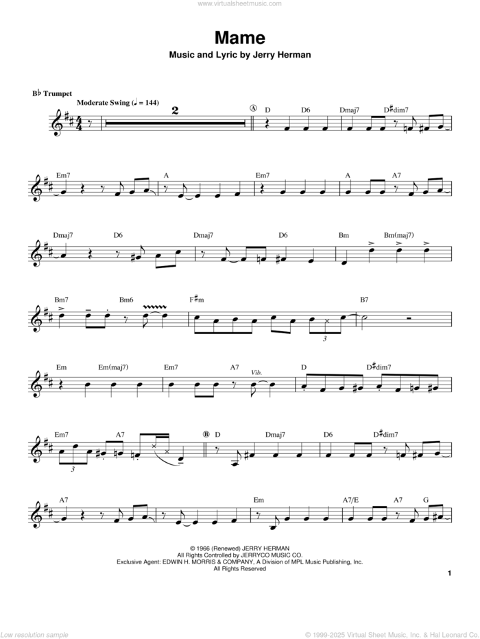 Mame sheet music for trumpet solo (transcription) by Herb Alpert and Jerry Herman, intermediate trumpet (transcription)