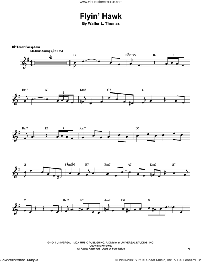 Flyin' Hawk sheet music for tenor saxophone solo (transcription) by Coleman Hawkins and Walter L. Thomas, intermediate tenor saxophone (transcription)