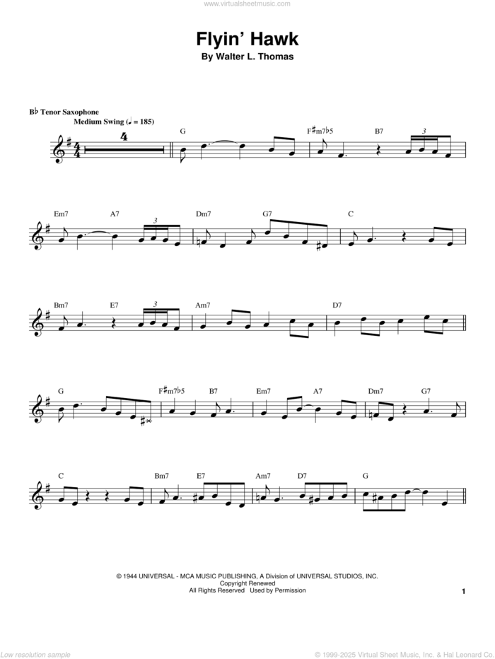 Flyin' Hawk sheet music for tenor saxophone solo (transcription) by Coleman Hawkins and Walter L. Thomas, intermediate tenor saxophone (transcription)