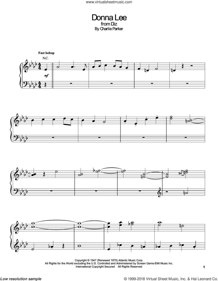 Donna Lee sheet music for piano solo (transcription) by Gonzalo Rubalcaba and Charlie Parker, intermediate piano (transcription)