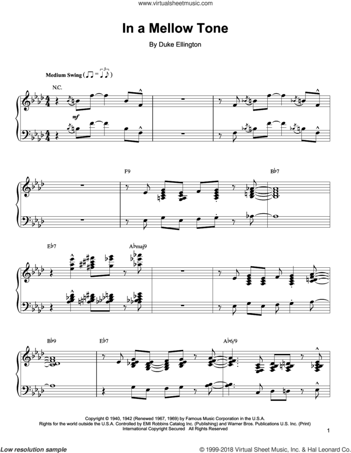 In A Mellow Tone sheet music for piano solo (transcription) by Oscar Peterson, Duke Ellington and Milt Gabler, intermediate piano (transcription)