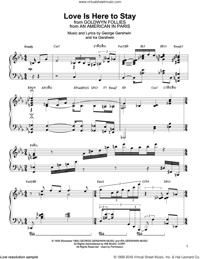 Love Is Here To Stay sheet music for piano solo (transcription) by Oscar Peterson, George Gershwin and Ira Gershwin, intermediate piano (transcription)