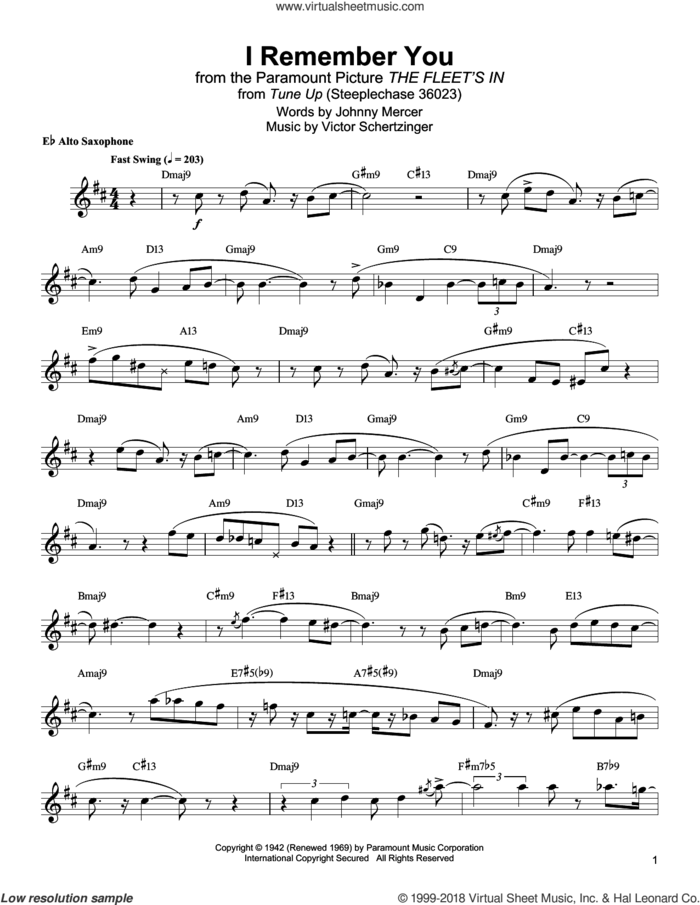 I Remember You sheet music for alto saxophone (transcription) by Jackie McLean, Jo Stafford, Johnny Mercer and Victor Schertzinger, intermediate skill level