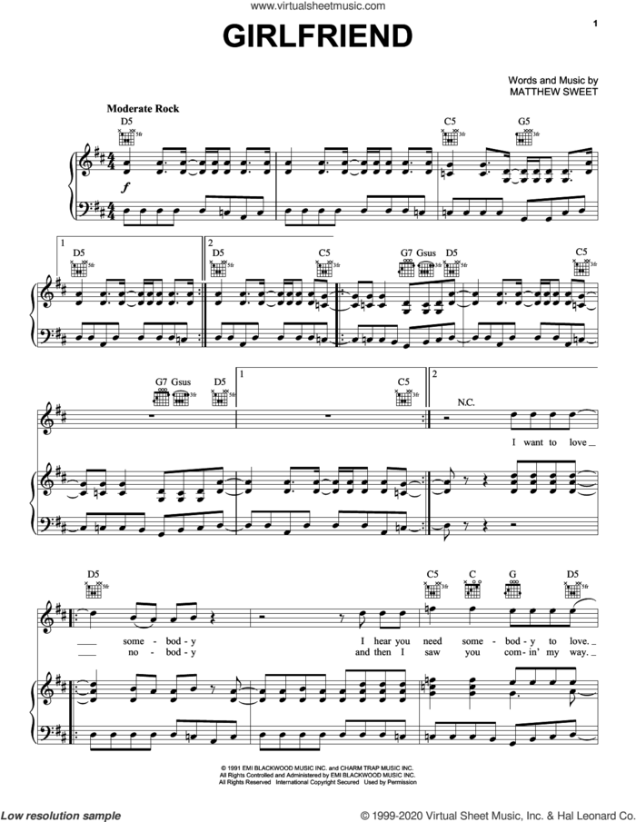 Girlfriend sheet music for voice, piano or guitar by Matthew Sweet, intermediate skill level