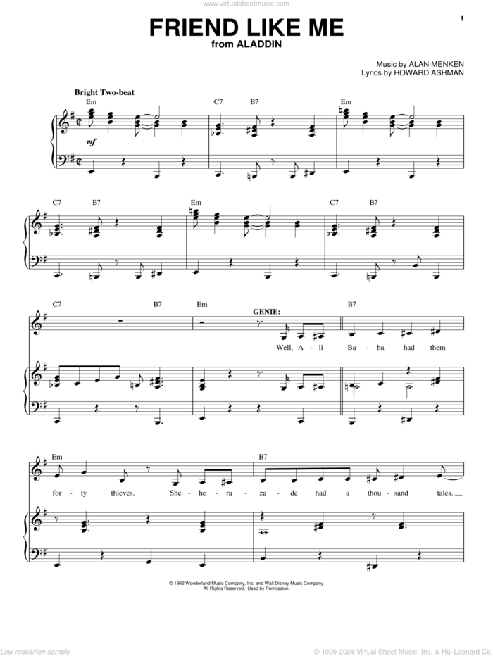 Friend Like Me (from Aladdin) sheet music for voice and piano by Howard Ashman, Alan Menken and Alan Menken & Howard Ashman, intermediate skill level