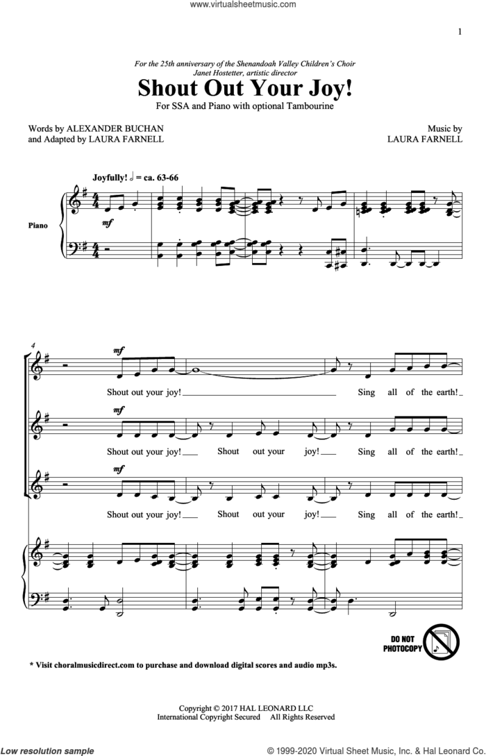 Shout Out Your Joy! sheet music for choir (SSA: soprano, alto) by Laura Farnell and Alexander Buchan, intermediate skill level