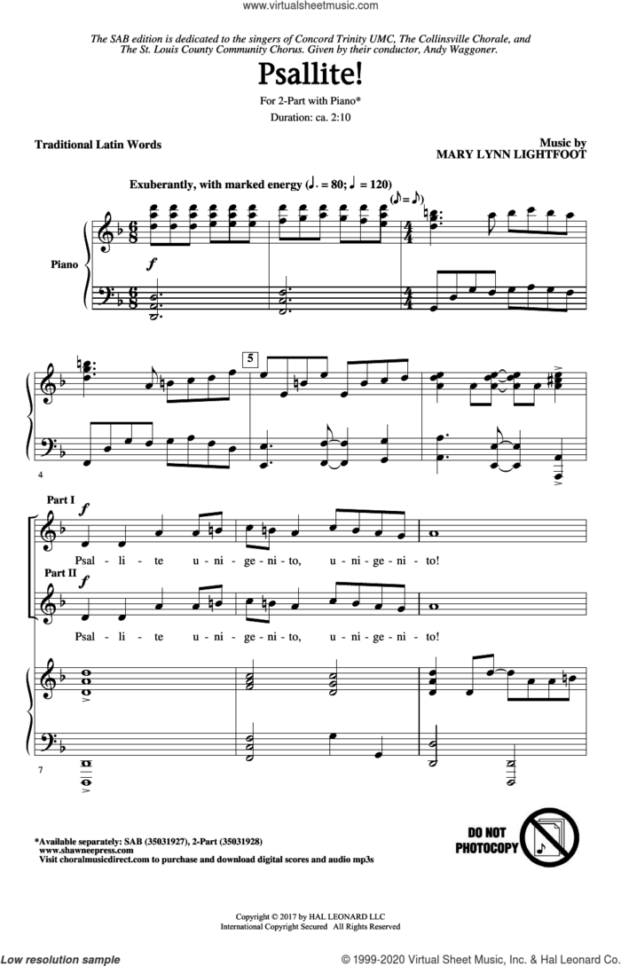 Psallite! sheet music for choir (2-Part) by Mary Lynn Lightfoot and Miscellaneous, intermediate duet