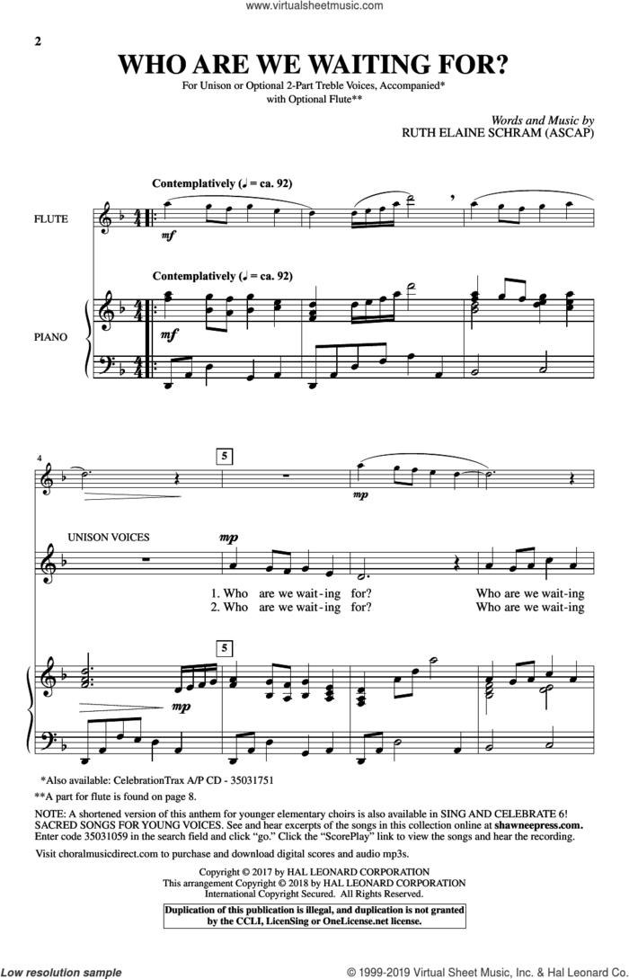 Who Are We Waiting For? sheet music for choir (Unison) by Ruth Elaine Schram and Ruth E. Schram, intermediate skill level