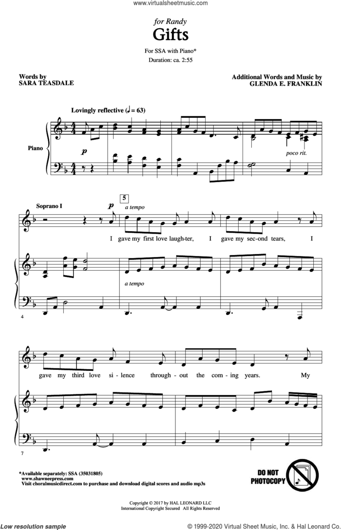 Gifts sheet music for choir (SSA: soprano, alto) by Glenda E. Franklin and Sara Teasdale, intermediate skill level