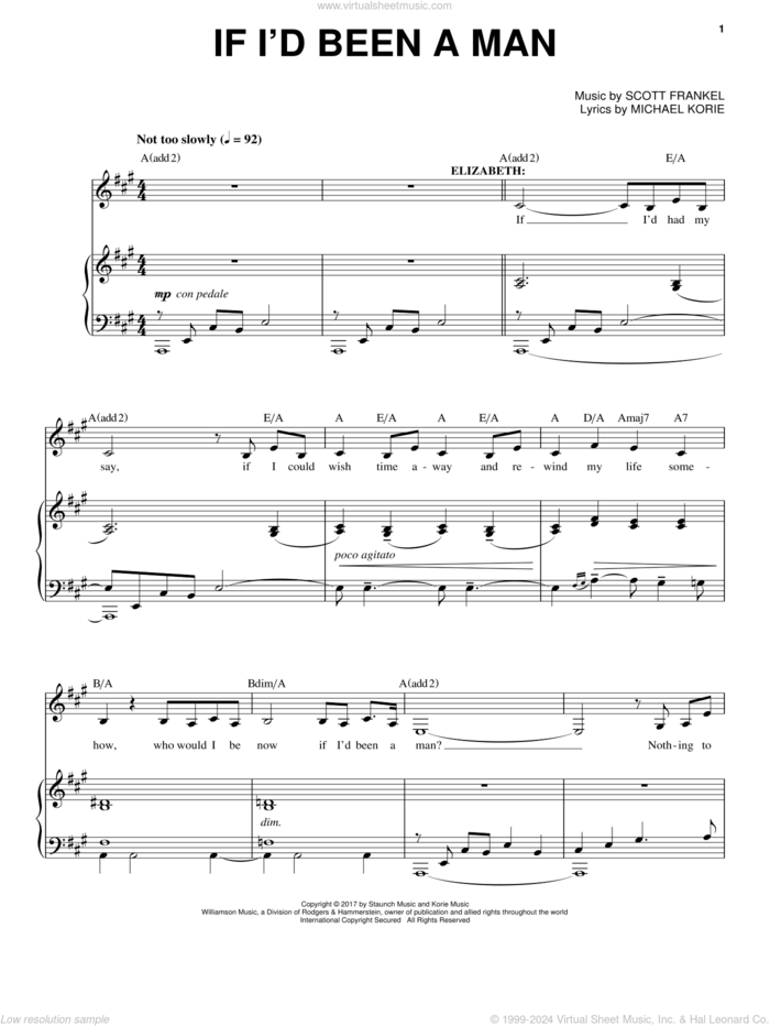 If I'd Been A Man sheet music for voice and piano by Scott Frankel & Michael Korie, Michael Korie and Scott Frankel, intermediate skill level