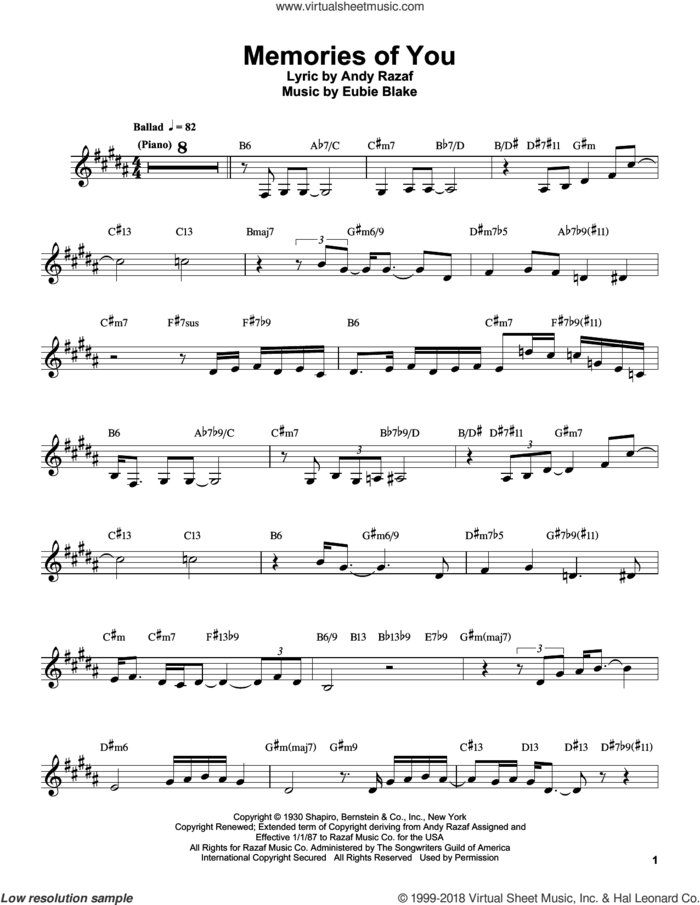 Memories Of You sheet music for clarinet solo (transcription) by Buddy DeFranco, Andy Razaf and Eubie Blake, intermediate clarinet (transcription)
