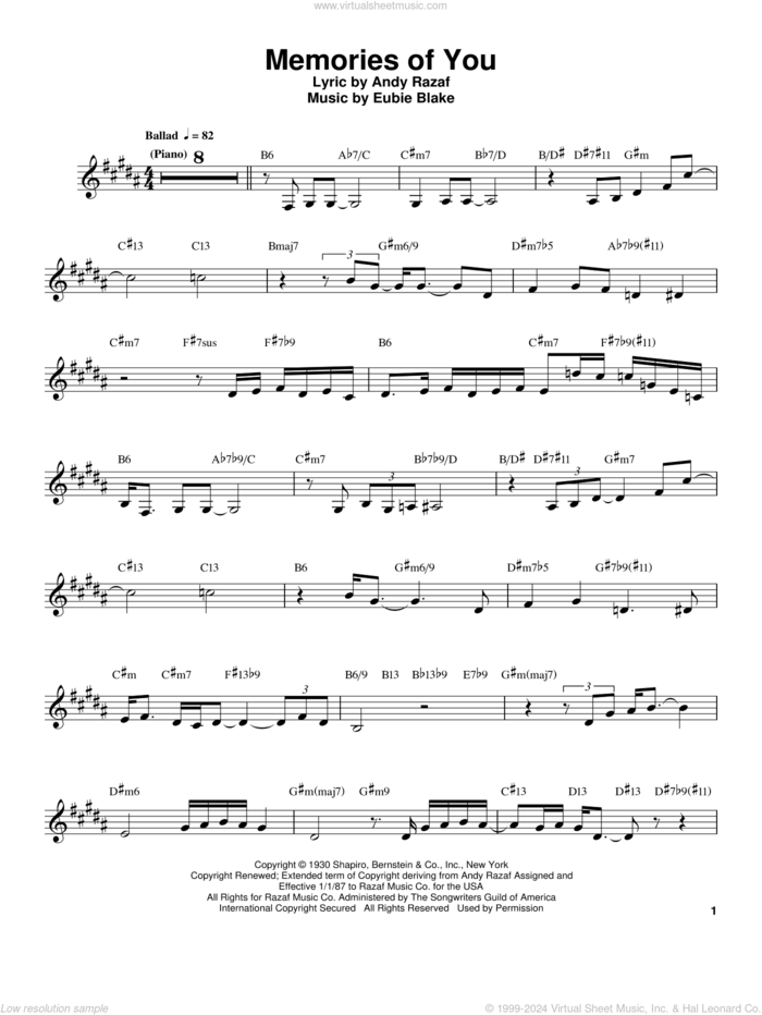 Memories Of You sheet music for clarinet solo (transcription) by Buddy DeFranco, Andy Razaf and Eubie Blake, intermediate clarinet (transcription)