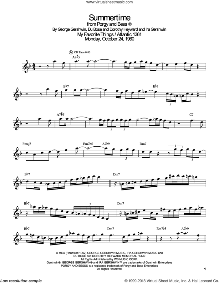 Summertime sheet music for tenor saxophone solo (transcription) by John Coltrane, Dorothy Heyward, DuBose Heyward, George Gershwin and Ira Gershwin, intermediate tenor saxophone (transcription)