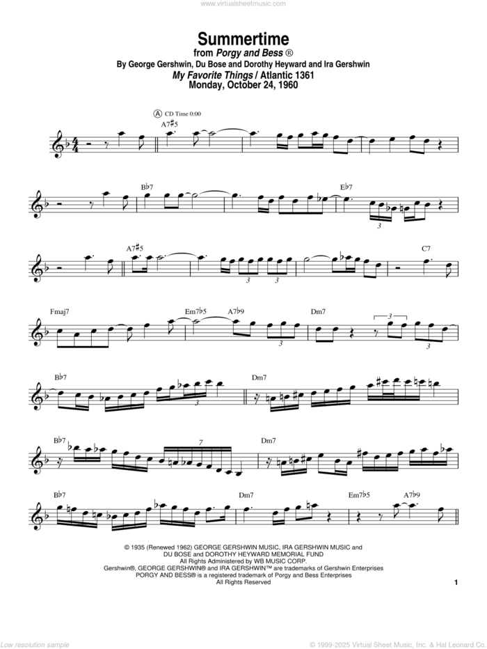 Summertime sheet music for tenor saxophone solo (transcription) by John Coltrane, Dorothy Heyward, DuBose Heyward, George Gershwin and Ira Gershwin, intermediate tenor saxophone (transcription)