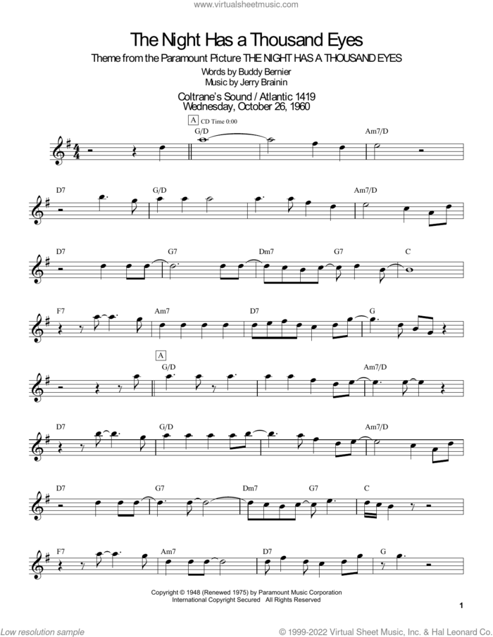The Night Has A Thousand Eyes sheet music for tenor saxophone solo (transcription) by John Coltrane, Buddy Bernier and Jerry Brainin, intermediate tenor saxophone (transcription)