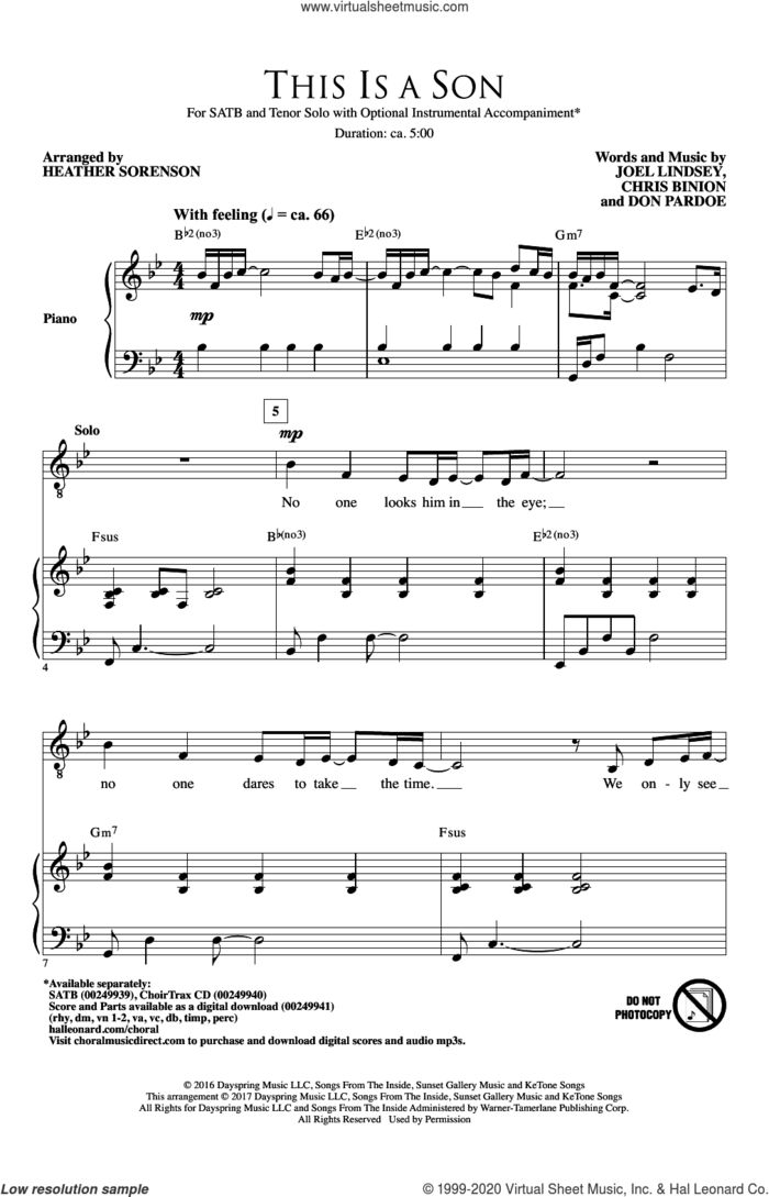 This Is A Son sheet music for choir (SATB: soprano, alto, tenor, bass) by Joel Lindsey, Heather Sorenson, Jody McBrayer, Chris Binion and Don Pardoe, intermediate skill level