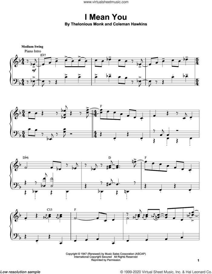I Mean You sheet music for piano solo (transcription) by Thelonious Monk and Coleman Hawkins, intermediate piano (transcription)