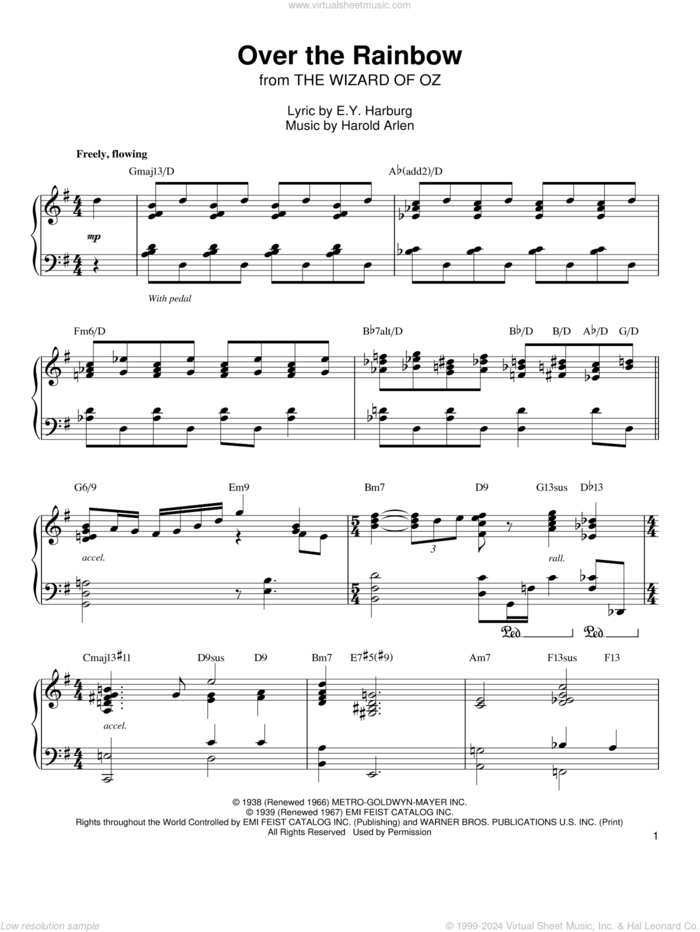 Over The Rainbow sheet music for piano solo (transcription) by Oscar Peterson, E.Y. Harburg and Harold Arlen, intermediate piano (transcription)