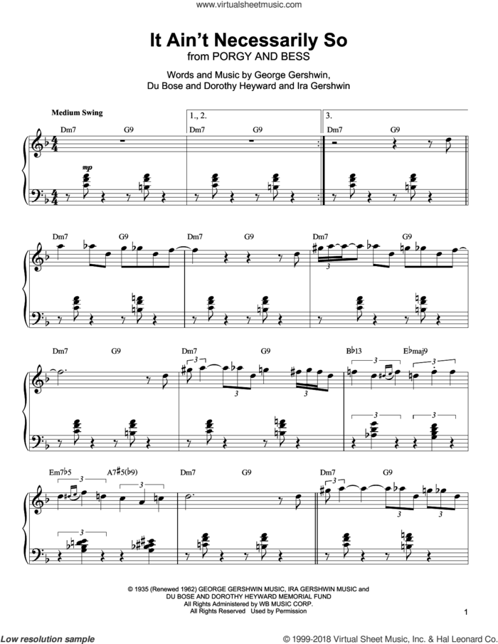 It Ain't Necessarily So sheet music for piano solo (transcription) by Oscar Peterson, Dorothy Heyward, DuBose Heyward and Ira Gershwin, intermediate piano (transcription)
