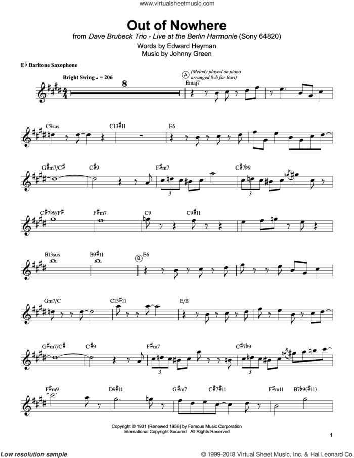 Out Of Nowhere sheet music for baritone saxophone (transcription) by Gerry Mulligan, Edward Heyman and Johnny Green, intermediate skill level