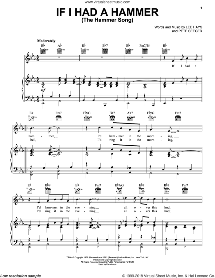 If I Had A Hammer (The Hammer Song) sheet music for voice, piano or guitar by Peter, Paul & Mary, Trini Lopez, Lee Hays and Pete Seeger, intermediate skill level