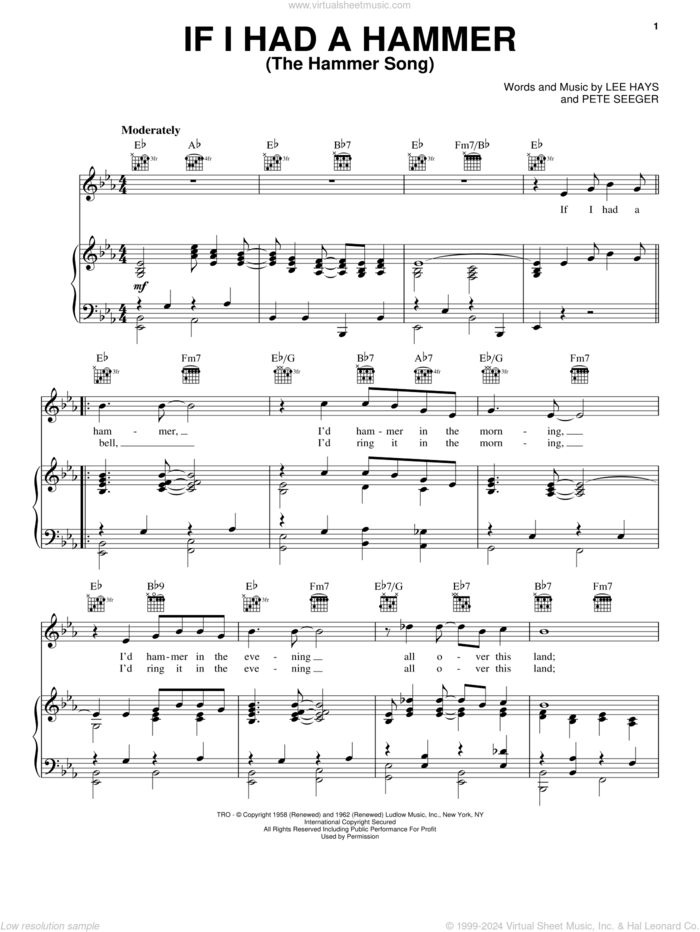 If I Had A Hammer (The Hammer Song) sheet music for voice, piano or guitar by Peter, Paul & Mary, Trini Lopez, Lee Hays and Pete Seeger, intermediate skill level