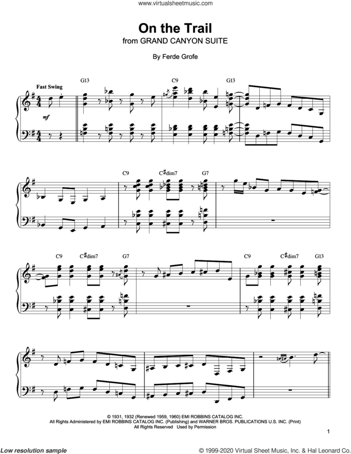 On The Trail sheet music for piano solo (transcription) by Oscar Peterson and Ferde Grofe, intermediate piano (transcription)
