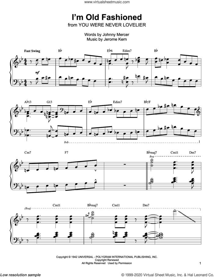I'm Old Fashioned sheet music for piano solo (transcription) by Oscar Peterson, Jerome Kern and Johnny Mercer, intermediate piano (transcription)