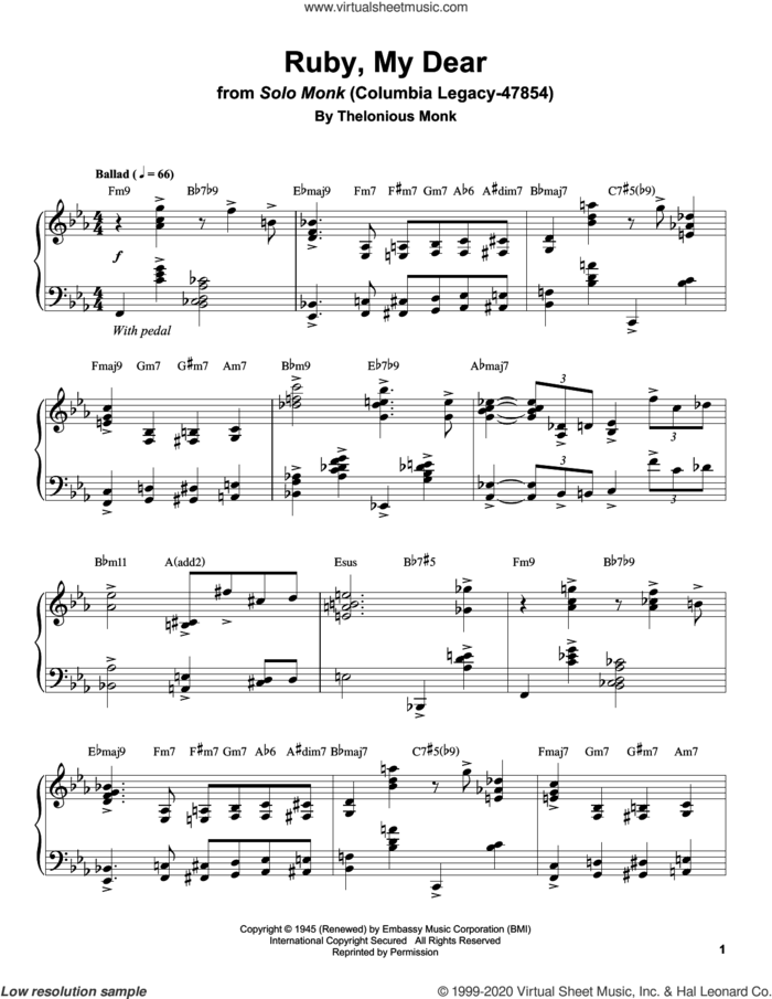 Ruby, My Dear sheet music for piano solo (transcription) by Thelonious Monk, intermediate piano (transcription)