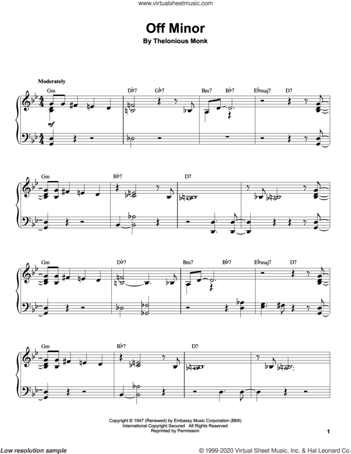 Off Minor sheet music for piano solo (transcription) by Thelonious Monk, intermediate piano (transcription)
