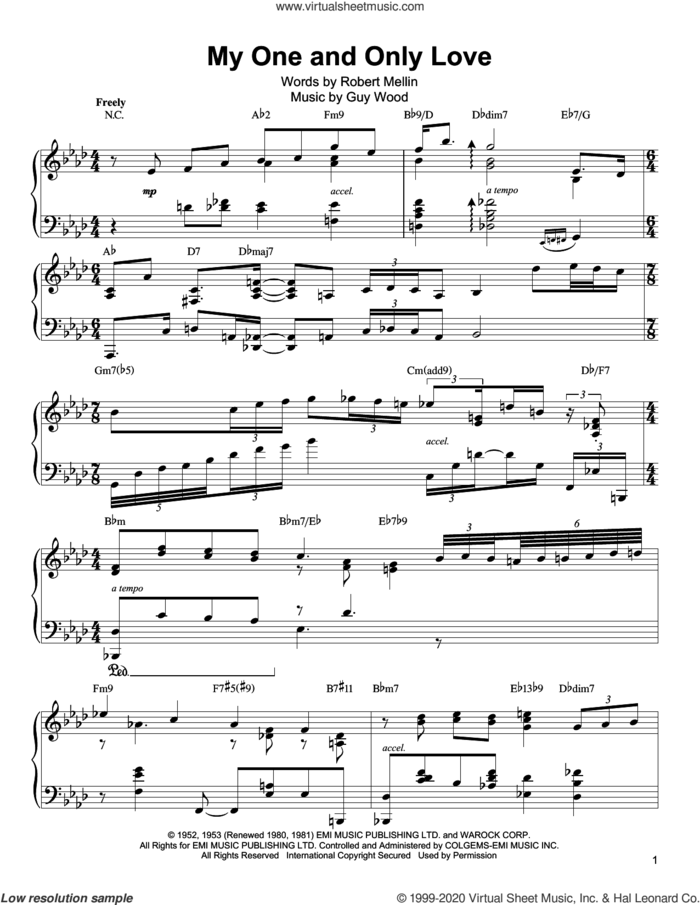 My One And Only Love sheet music for piano solo (transcription) by Oscar Peterson, Guy Wood and Robert Mellin, intermediate piano (transcription)