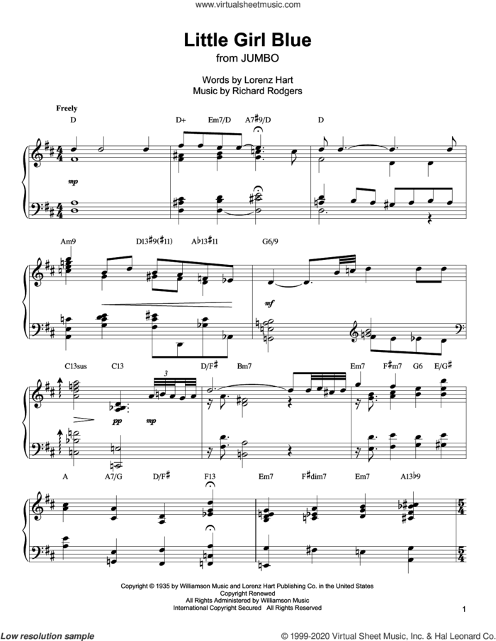 Little Girl Blue sheet music for piano solo (transcription) by Oscar Peterson, Lorenz Hart and Richard Rodgers, intermediate piano (transcription)
