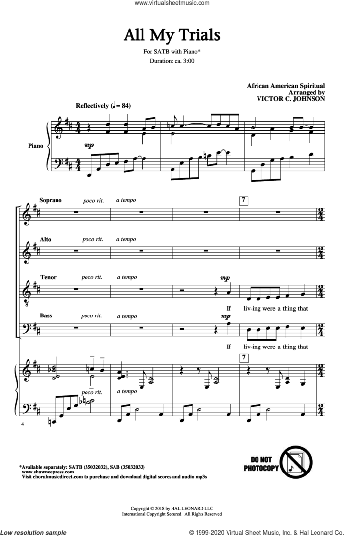 All My Trials sheet music for choir (SATB: soprano, alto, tenor, bass) by Victor Johnson and Miscellaneous, intermediate skill level