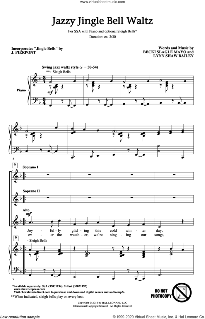 Jazzy Jingle Bell Waltz sheet music for choir (SSA: soprano, alto) by James Pierpont, Becki Slagle Mayo and Lynn Shaw Bailey, intermediate skill level