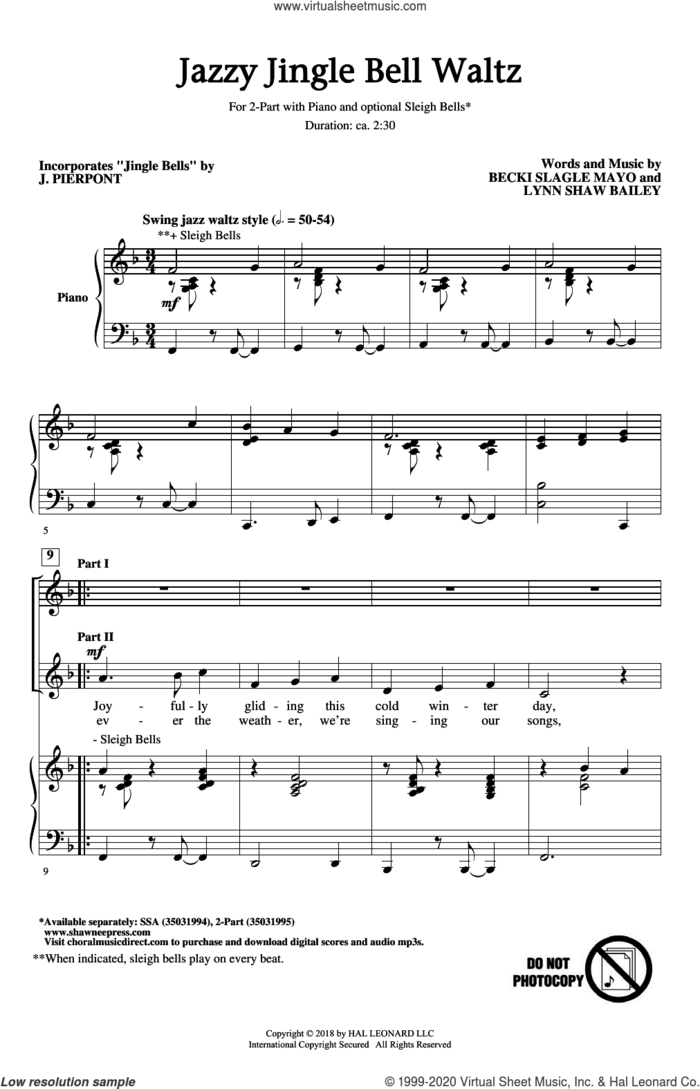 Jazzy Jingle Bell Waltz sheet music for choir (2-Part) by James Pierpont, Becki Slagle Mayo and Lynn Shaw Bailey, intermediate duet