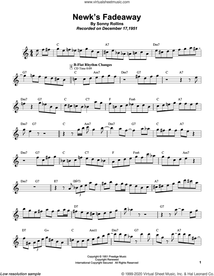 Newk's Fadeaway sheet music for tenor saxophone solo (transcription) by Sonny Rollins, intermediate tenor saxophone (transcription)