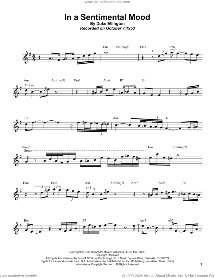 In A Sentimental Mood sheet music for tenor saxophone solo (transcription) by Sonny Rollins, Duke Ellington, Irving Mills and Manny Kurtz, intermediate tenor saxophone (transcription)