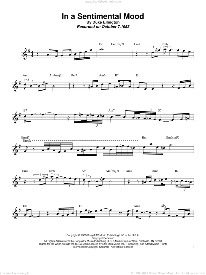 In A Sentimental Mood sheet music for tenor saxophone solo (transcription) by Sonny Rollins, Duke Ellington, Irving Mills and Manny Kurtz, intermediate tenor saxophone (transcription)